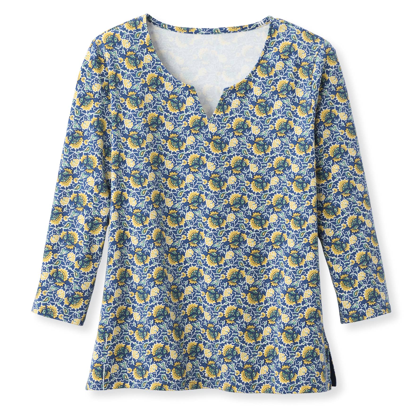 Peruvian Stretch Cotton Notched-Neck Print Top, 3/4 Sleeves, Side Slits - Northstyle Catalog