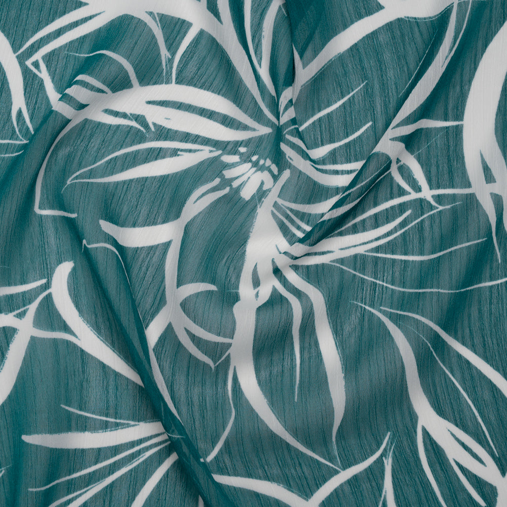 Crinkled Polyester Chiffon Print - Teal and White Floral Linework - Designer Deadstock - Joann Fabrics