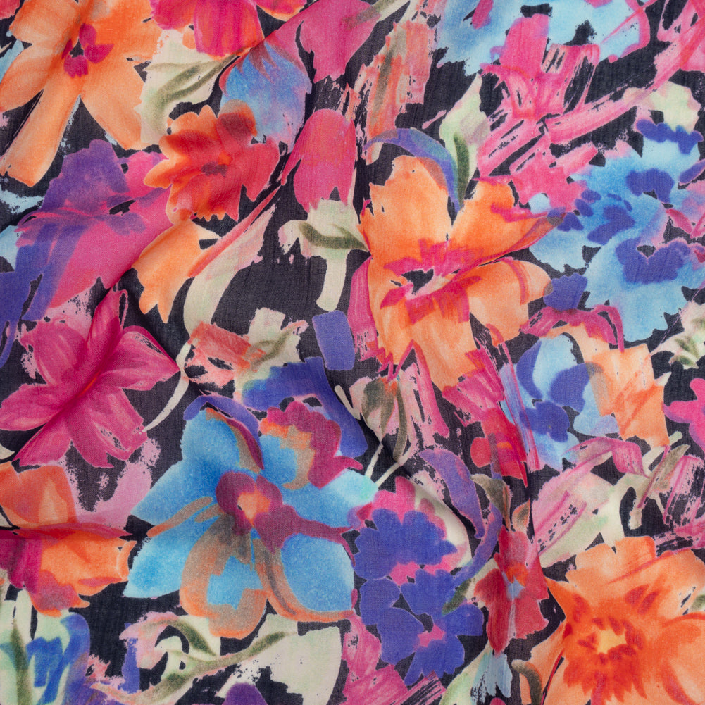 Crinkled Cotton Gauzy Woven - Hot Pink, Ultramarine Blue and Orange Floral - Mood Exclusive Electric Garden Print - Joann Fabrics