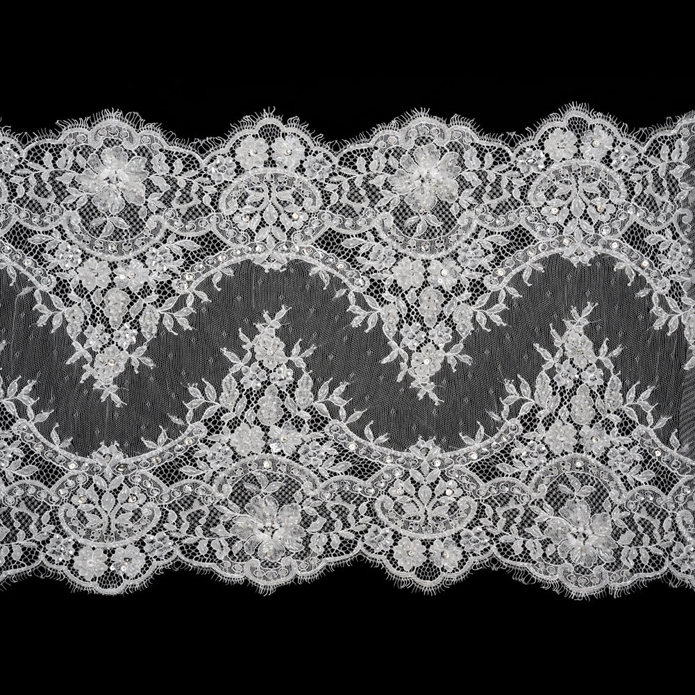 Beaded Bridal Lace Trim with Scalloped Edges - White Floral - 13
