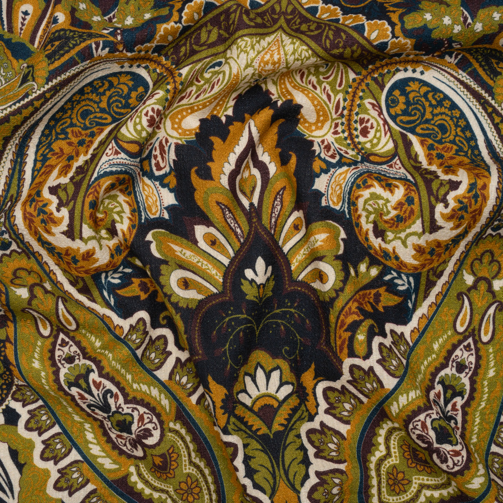 Slubbed Gauzy Cotton Woven - Blue, Kiwi Green and Goldenrod Paisley - Mood Exclusive Woodland Whispers Print - Joann Fabrics
