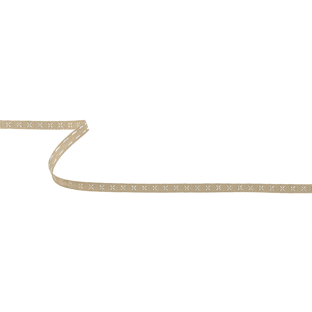 Beige Grosgrain Ribbon with Blanc de Blanc Stitched Flowers - 0.25