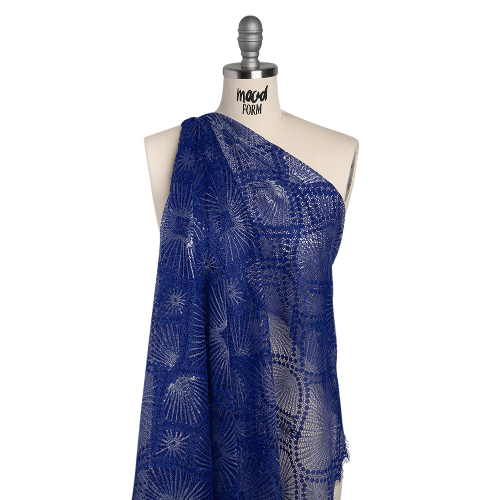 Metallic Raschel Lace Panel with Finished Edges - Electric Blue and Silver Sun Ray Ogees - Joann Fabrics