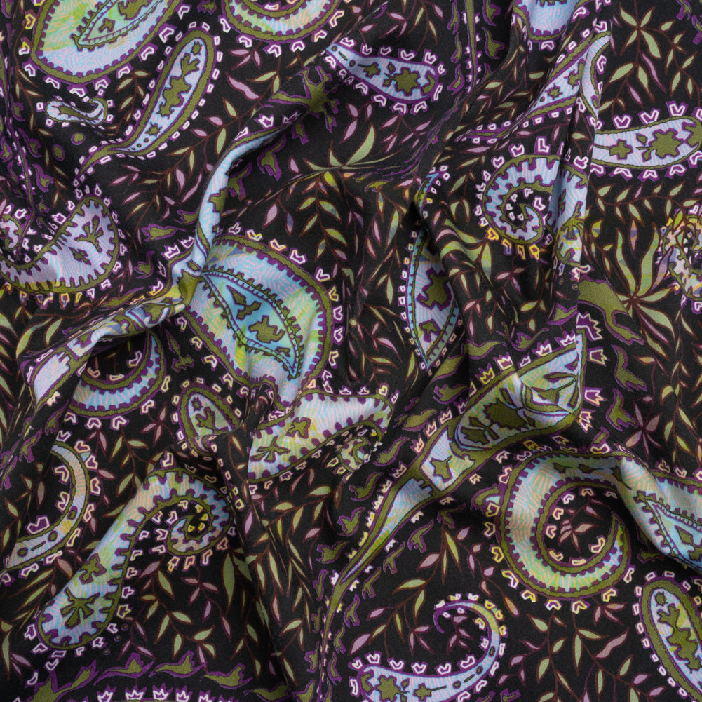 Stretch Cotton and Viscose Sateen Print - Black, Green and Purple Paisley and Leaves - Mood Exclusive Leafy Life - Joann Fabrics