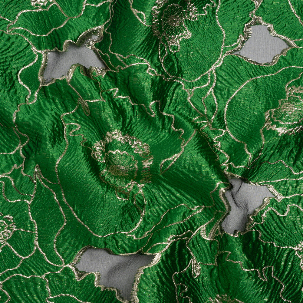 Metallic Burnout Brocade - Kelly Green and Gold All-Over Outlined Flowers - Joann Fabrics