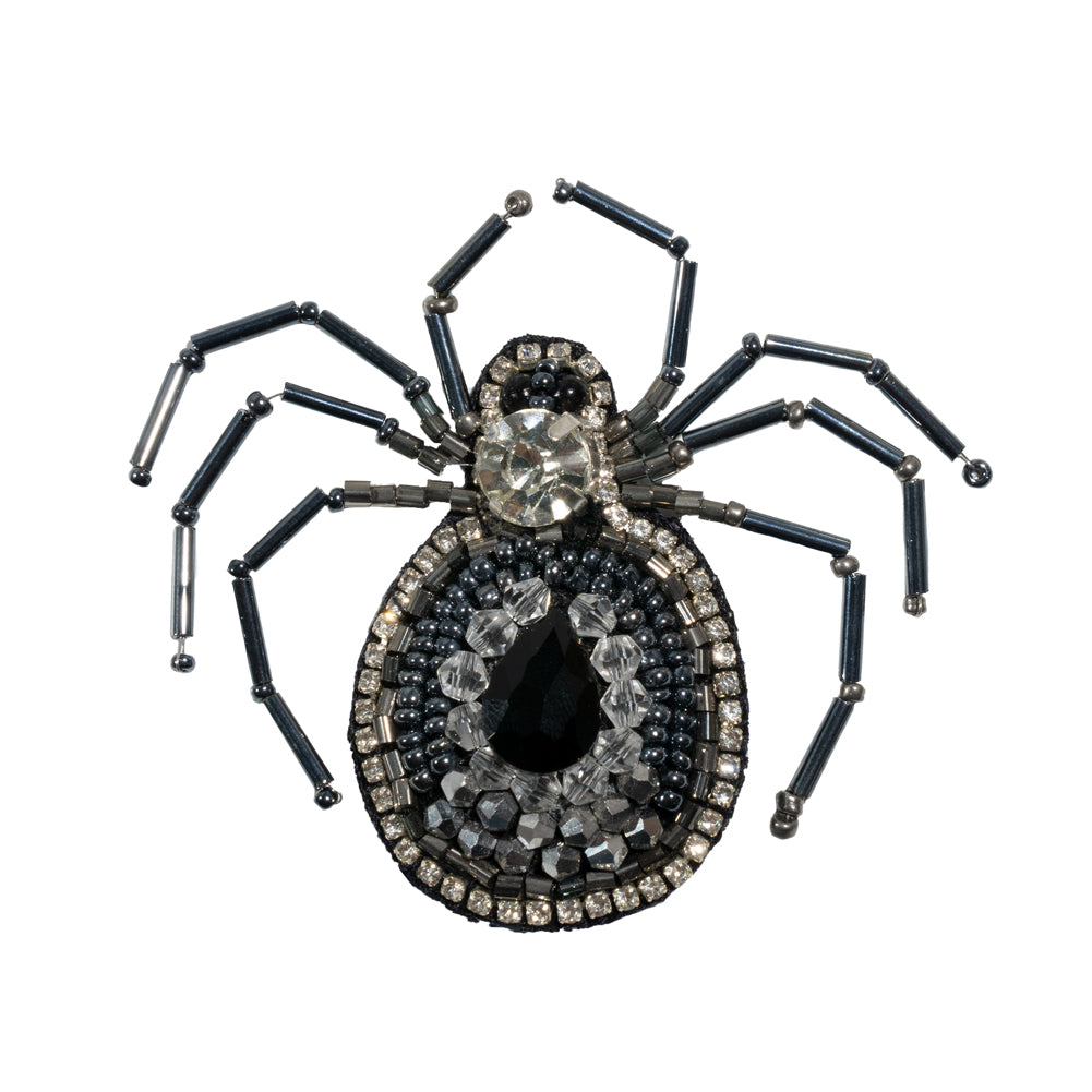 Crystal, Gunmetal and Iron Spider Rhinestone and Glass Beaded Applique - 2.625