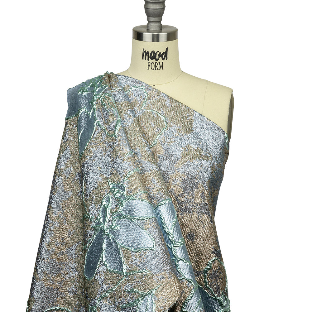 Metallic Seafoam, Sky Blue and Gold Mottled Floral Luxury Brocade - Joann Fabrics