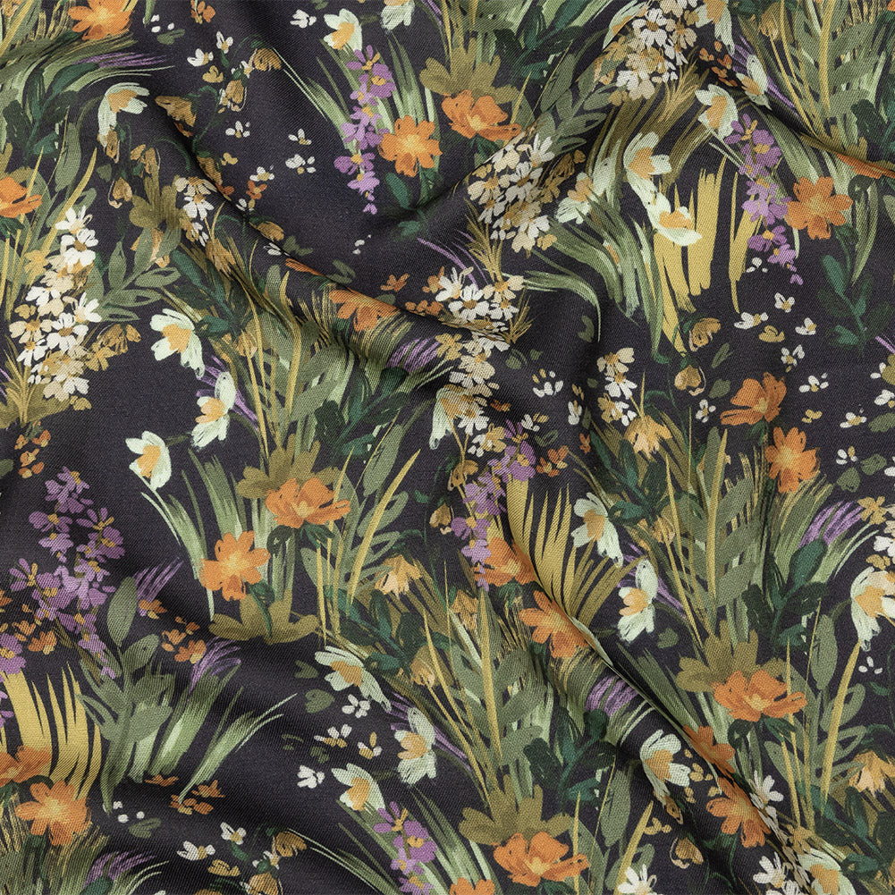 Viscose and Linen Twill Print - Muted Black and Green Flowers and Grass - Mood Exclusive Prairie Spring - Joann Fabrics