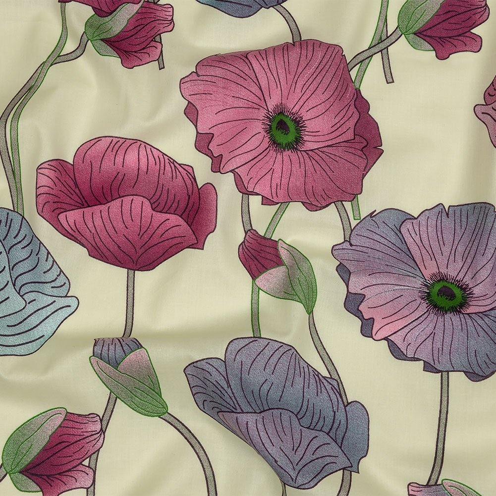 Fuchsia, Baby Blue and Pale Yellow Big Poppies Cotton Lawn - Joann Fabrics