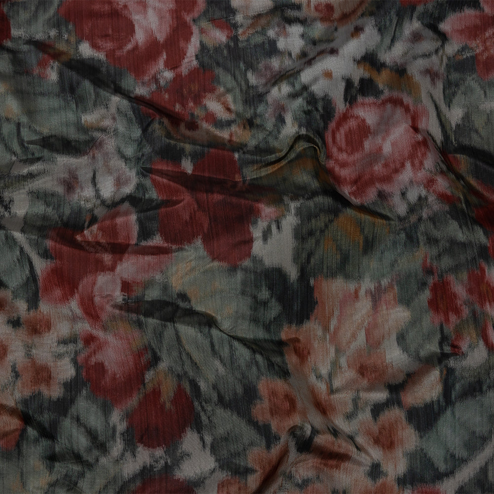 Italian Goth Red, Green and Gray Warp Printed Rose Garden Polyester Faille - Joann Fabrics