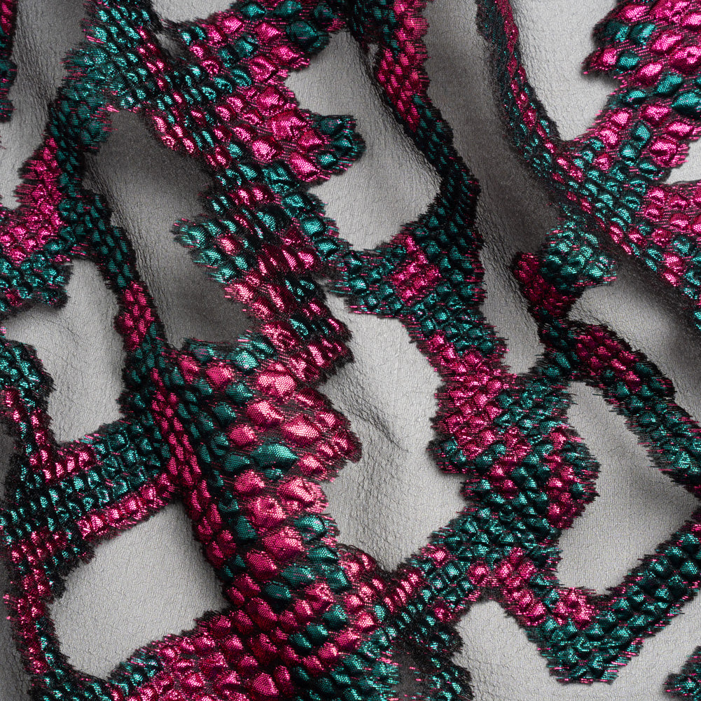 Metallic Fuchsia, Teal and Black Snakeskin Sprawl Burnout Luxury Brocade - Joann Fabrics