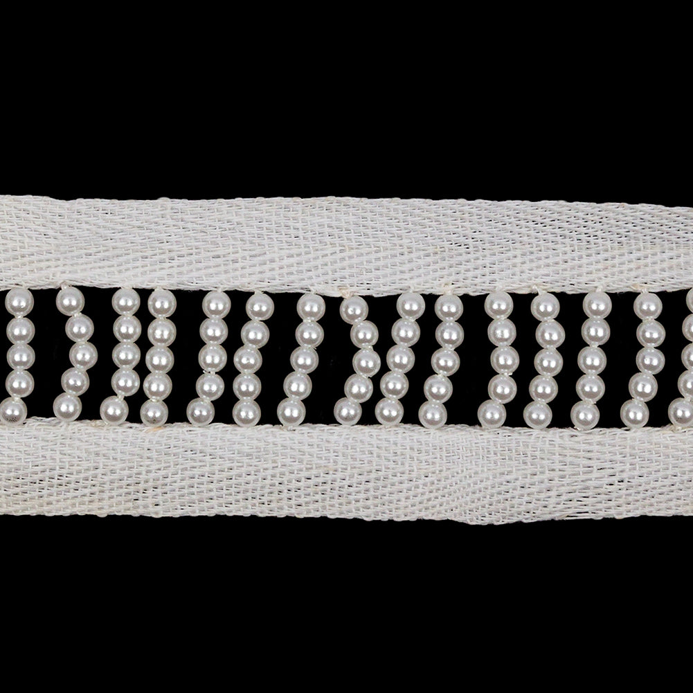 Vintage White Faux Pearl Bead Strands Between White Twill Tapes - 1.375