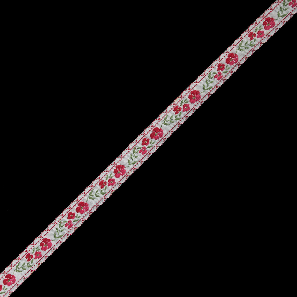 Red and White Floral German Jacquard Ribbon - 0.5