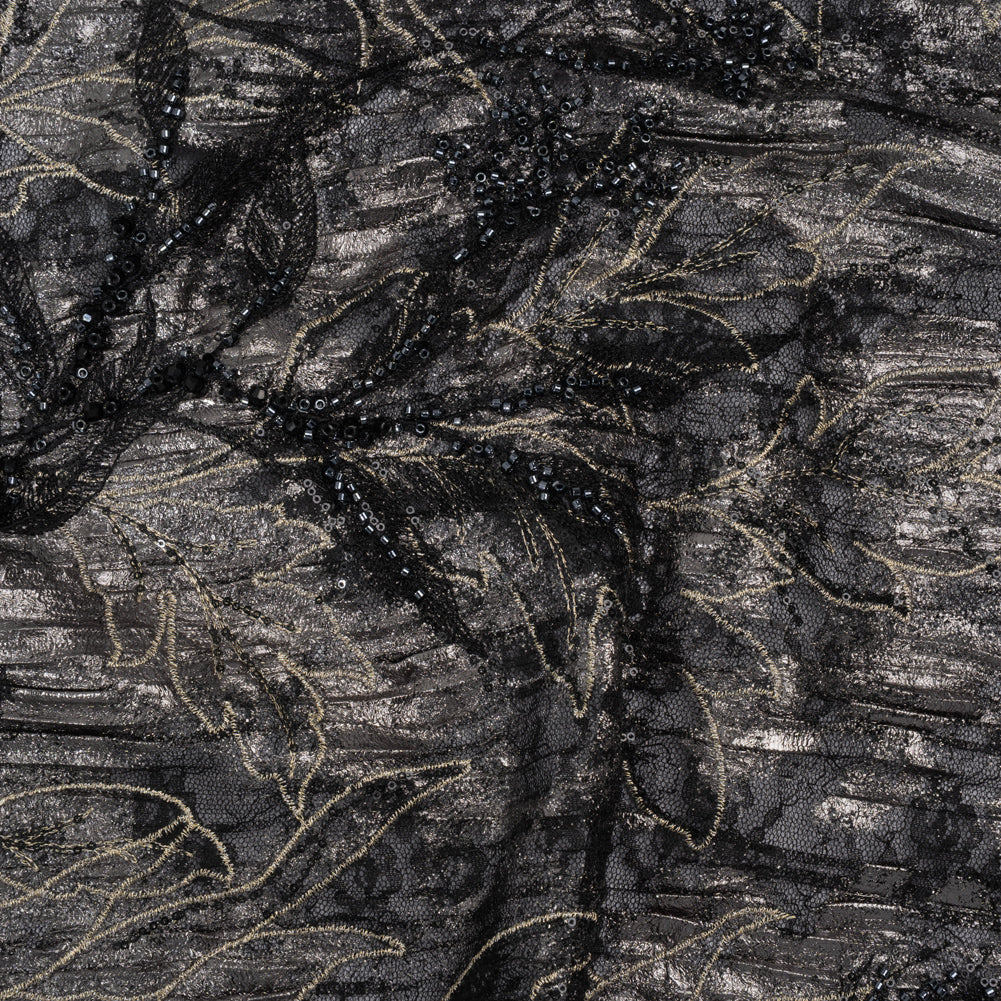 Metallic Foiled Plisse Lace with Embroidery and Beading on Tulle Backing - Black, Gunmetal and White Gold Trailing Leafy Vines - Joann Fabrics