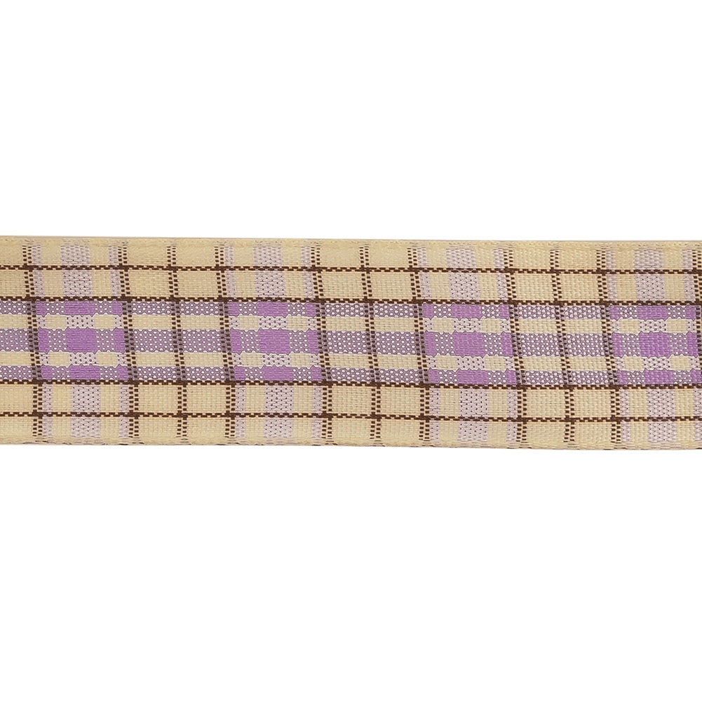 Lilac, Brown and Vanilla Ice Plaid Woven Ribbon - 1