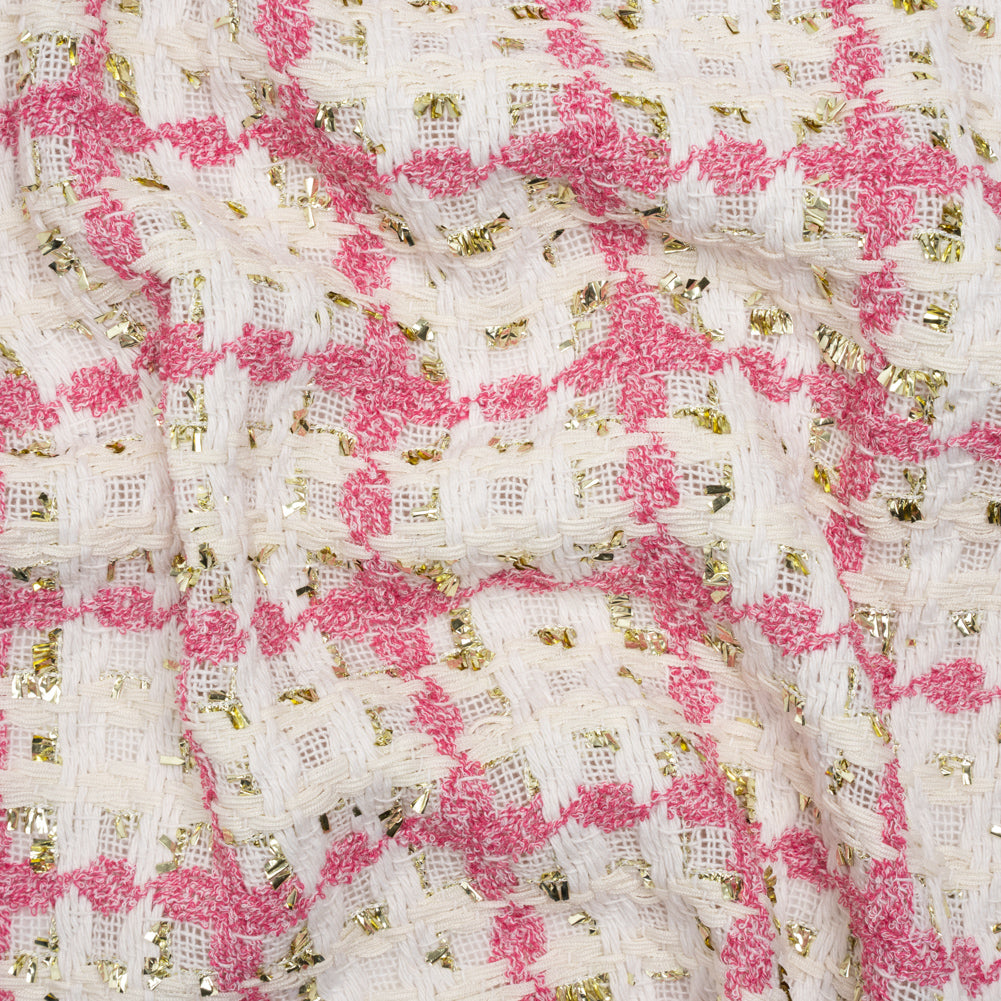 Polyester Boucle Tweed with Metallic Eyelash Fringe - White, Pink and Gold Plaid - Deadstock - Joann Fabrics