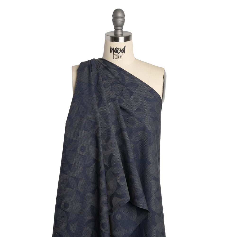 Cotton Dobby Shirting - Navy Blue and Gray Circles in Squares - Deadstock - Joann Fabrics