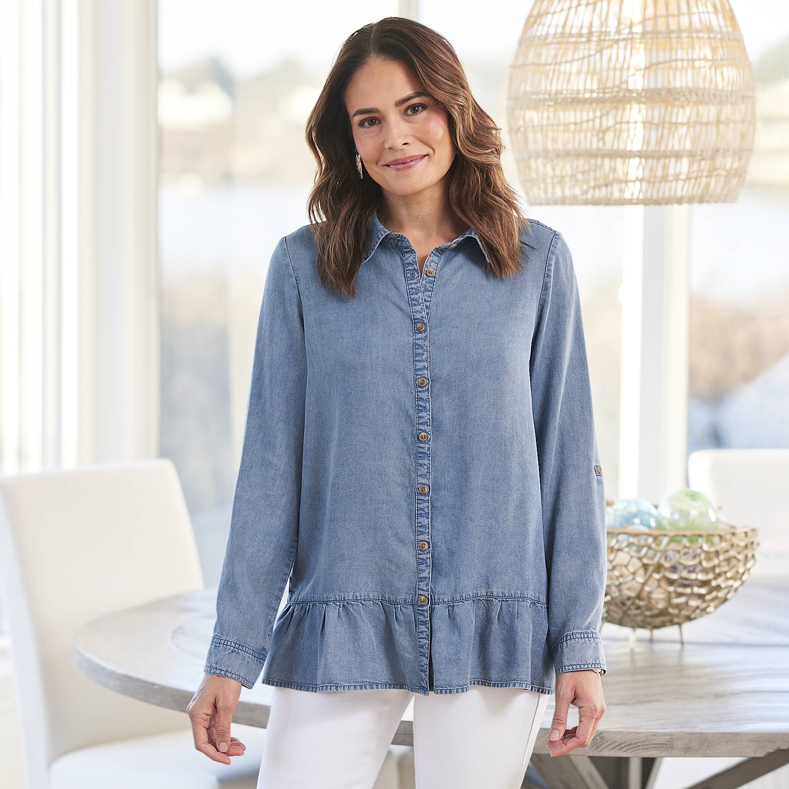 Flounce-Hem Shirt, Collared Button-Front, Long Roll-Tab Sleeves - Northstyle Catalog