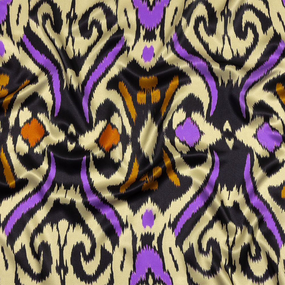 Italian Black, Purple and Orange Ikat Spots Silk Charmeuse - Joann Fabrics
