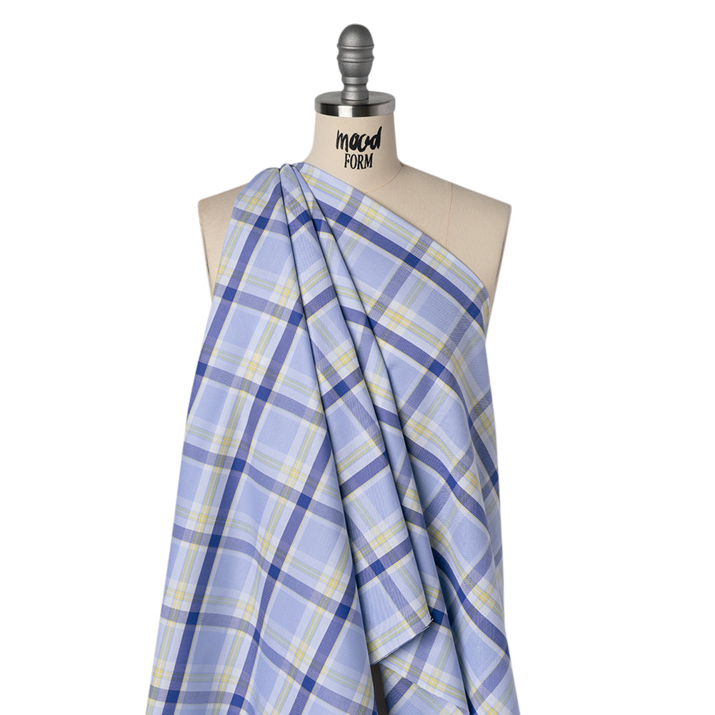 Cotton Oxford Shirting - Sky Blue, Cobalt and Yellow Plaid - Deadstock - Joann Fabrics