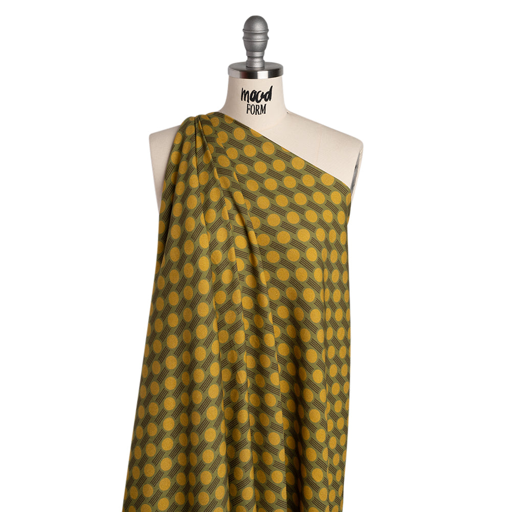 Viscose Crepe - Avocado, Olive Green and Golden Yellow Dots and Dashes - Mood Exclusive Morse Mosaic Print - Joann Fabrics