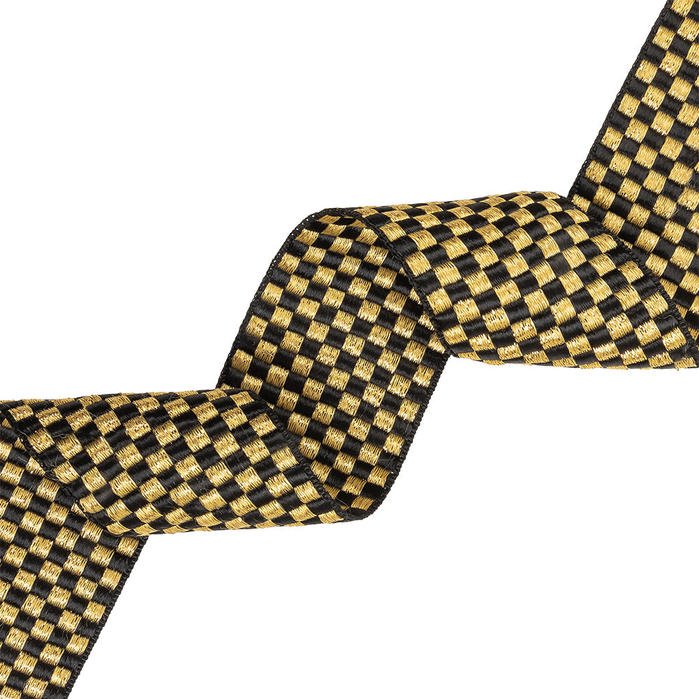 Black and Metallic Gold Checkerboard Satin Faced Woven Trim - 2