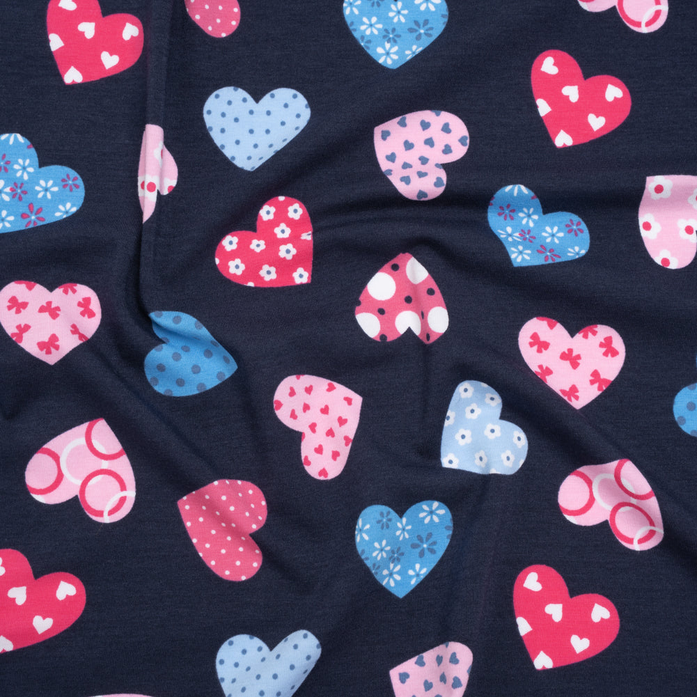 Stretch Cotton and Modal Jersey Print - Navy Blue and Pink Patterned Hearts - Deadstock - Joann Fabrics