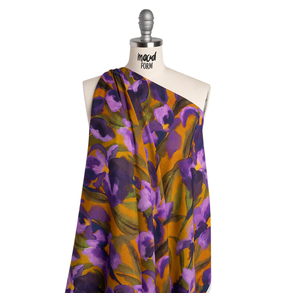 Viscose Crepe - Purple, Olive and Mustard Painted Iris Flowers - Mood Exclusive Sunset Sensations Print - Joann Fabrics