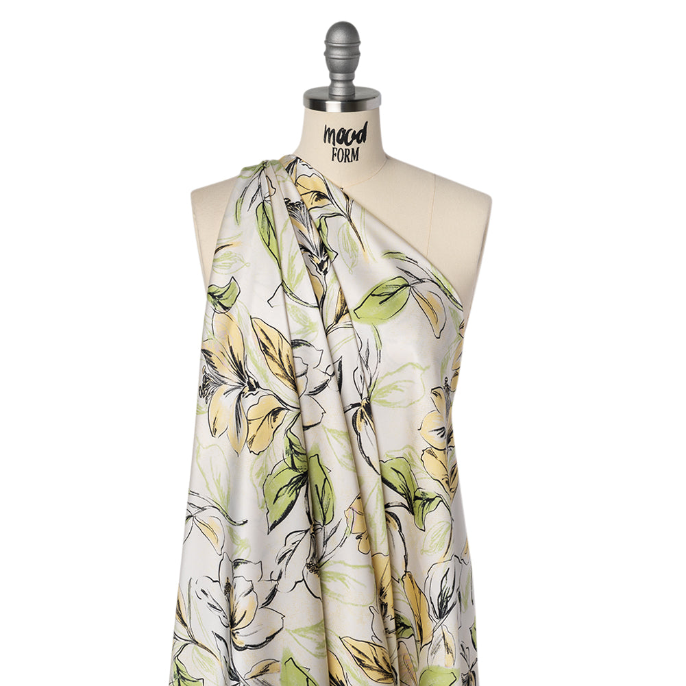 Polyester Satin - Pale Yellow, Sage Green and Black Sketched Florals - Mood Exclusive A Study of Spring Print - Joann Fabrics