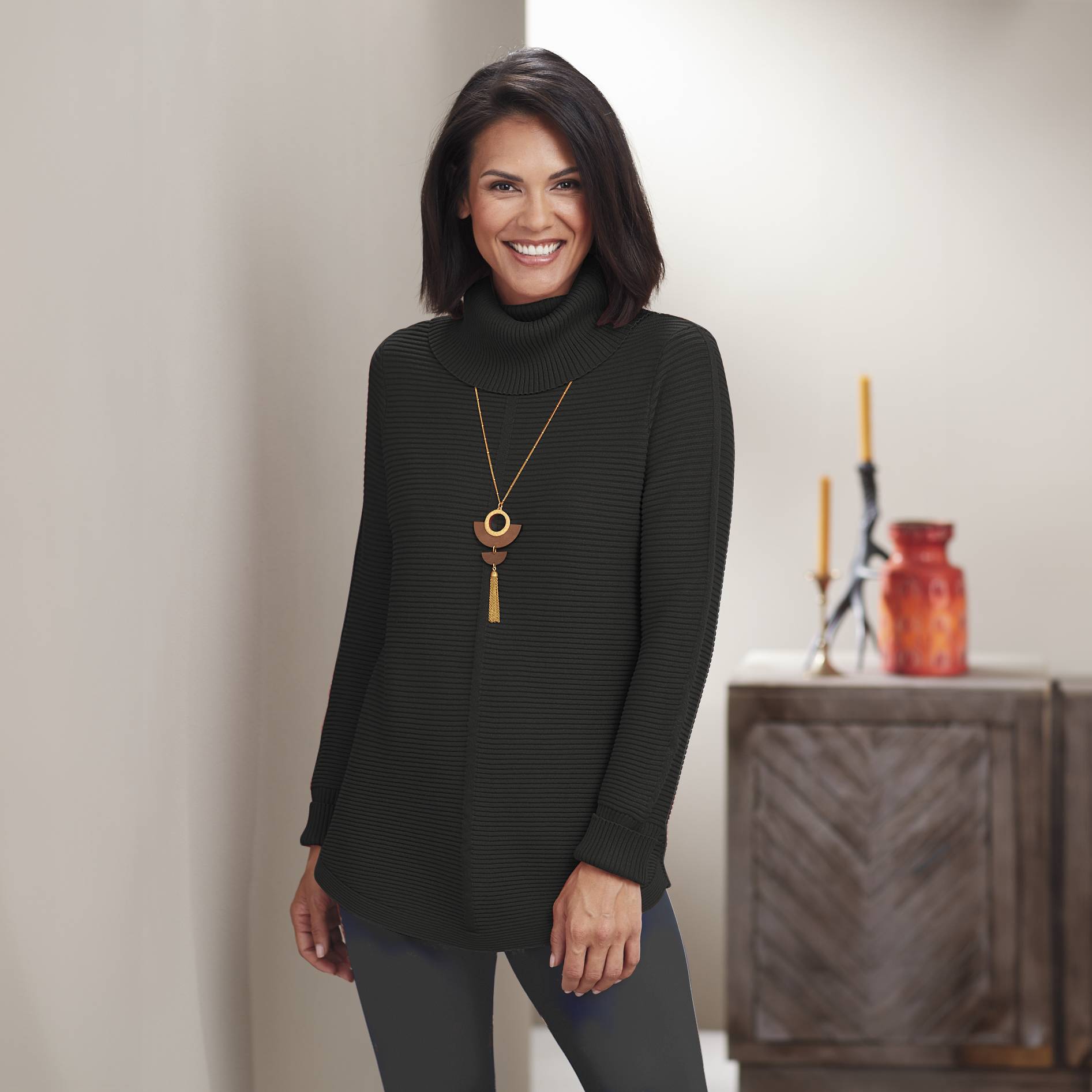 Soft Ribbed Tunic Sweater, Cowlneck, Long Sleeves, Curved Hem - Northstyle Catalog