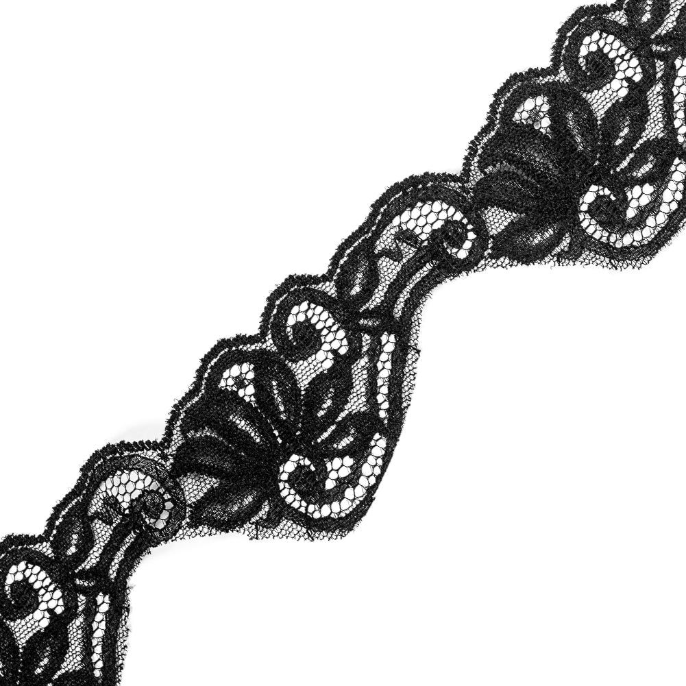 Black Floral Scalloped Lace Trim - 2.75
