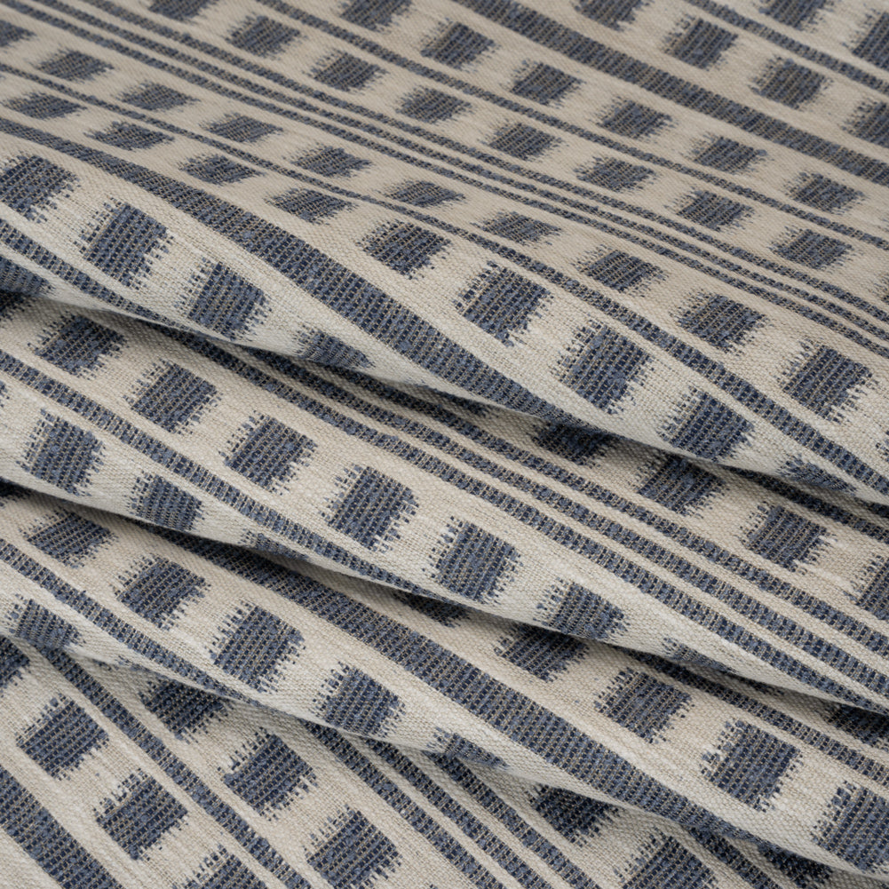 Polyester and Cotton Home Decor Jacquard - Indigo Ikat Squares in Stripes - British Imported - Joann Fabrics