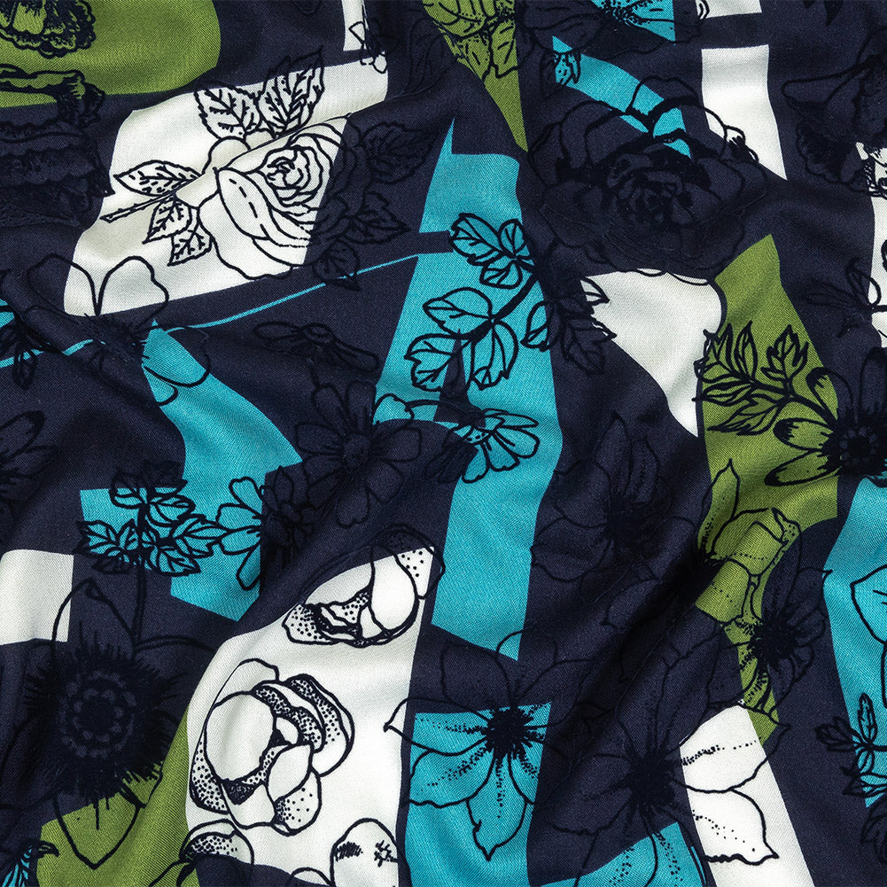 Turquoise, Lime and Navy Flocked Flowers on Geometric Printed Viscose Woven - Joann Fabrics