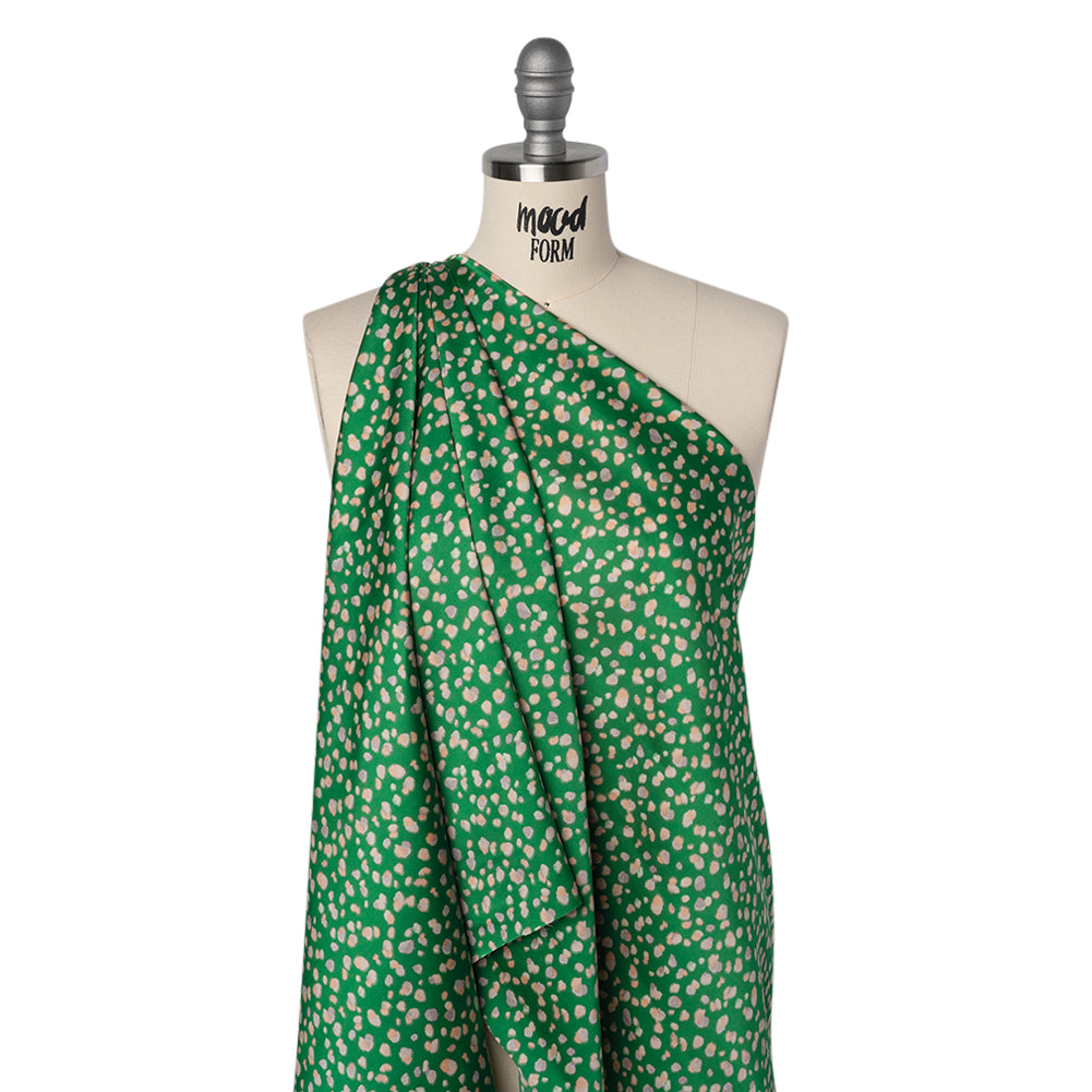 Polyester Satin Print - Kelly Green, Beige and Gray Abstract Dots - Designer Deadstock - Joann Fabrics