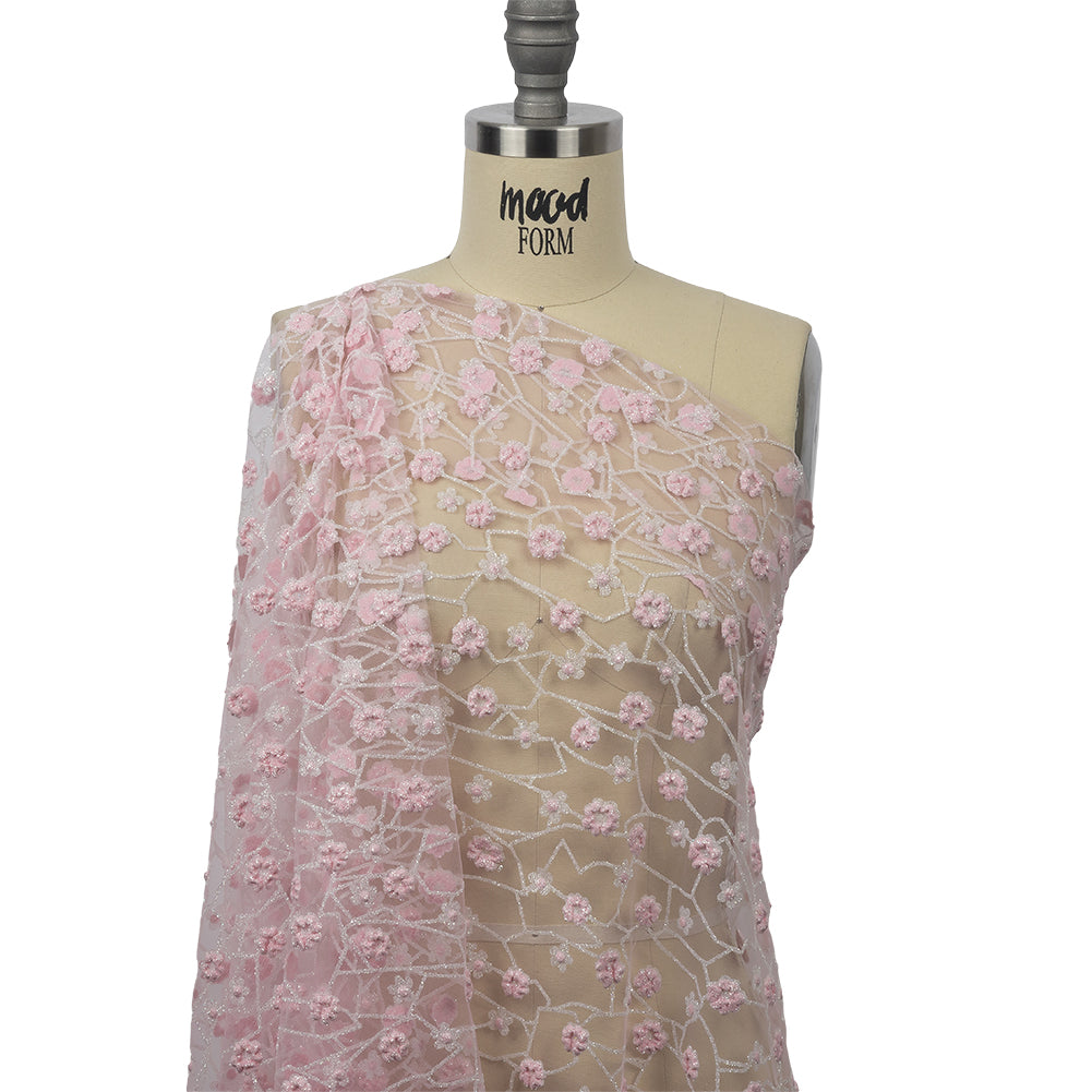 3D Puffy Glitter Tulle - Baby Pink and White Flowers and Geometric Stems - Joann Fabrics