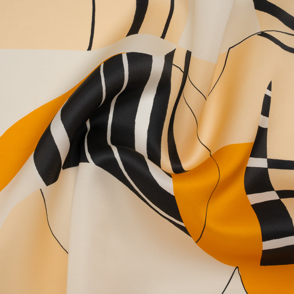 Heavy Silk Satin-Faced Organza, Made in Italy - Off White, Golden Yellow and Black Abstract - Joann Fabrics