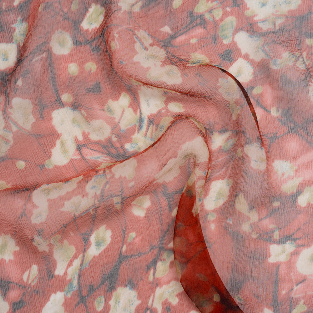 Crinkled Silk Chiffon Print - Red, White and Black Painterly Flowering Branches - Deadstock - Joann Fabrics