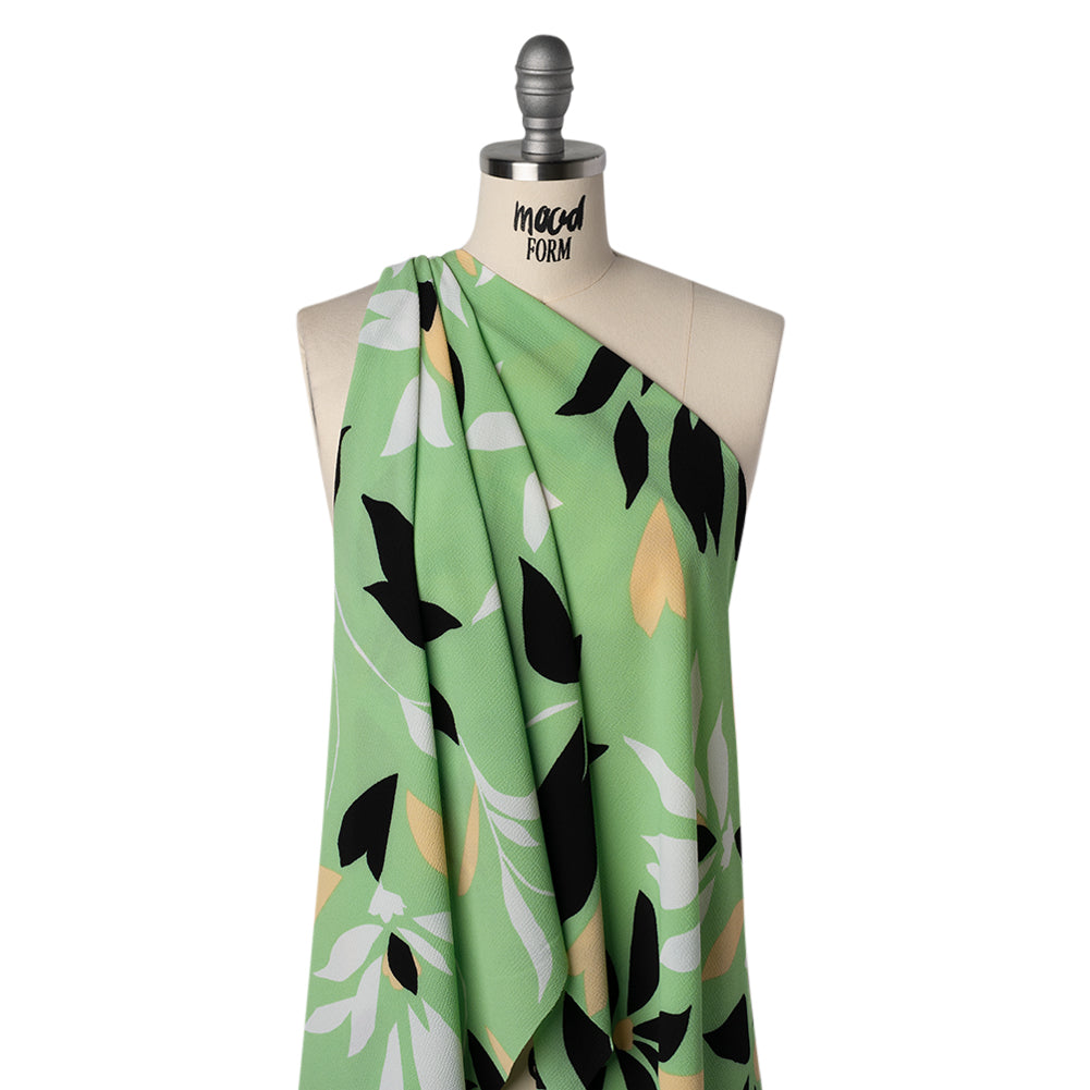 Puckered Stretch Polyester Crepe Print - Summer Green, Black and Beige Simple Flowers - Designer Deadstock - Joann Fabrics