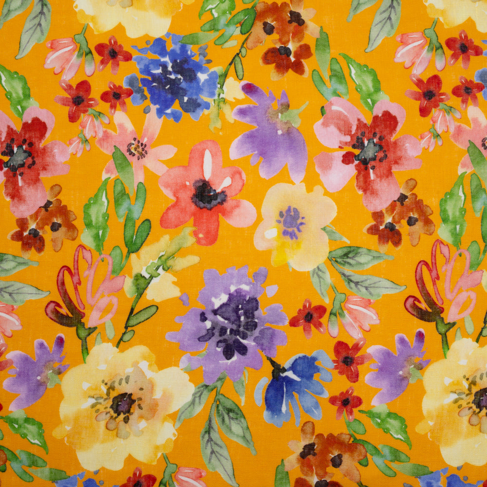 Lightweight Linen Woven - Purple, Yellow and Green Petal Drift Florals on Saffron Yellow - Joann Fabrics
