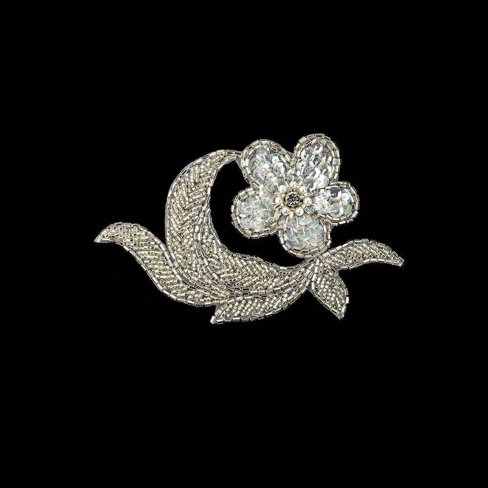Vintage White Iris Sequins and Silver-lined Beaded Floral Applique with Rhinestone Core - 3.25