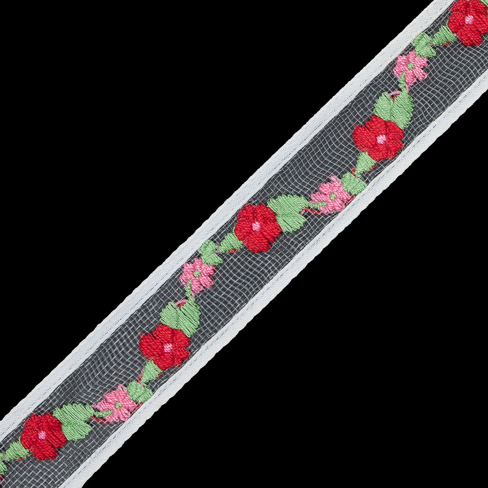 Red Floral Embroidered Tulle Ribbon - 1
