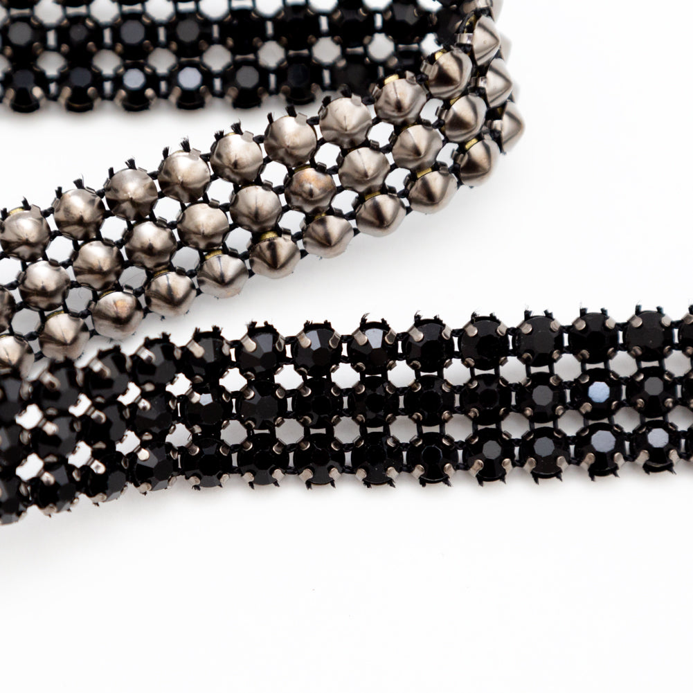 Gunmetal and Jet Black 3-Row Rhinestone Trim - 0.625