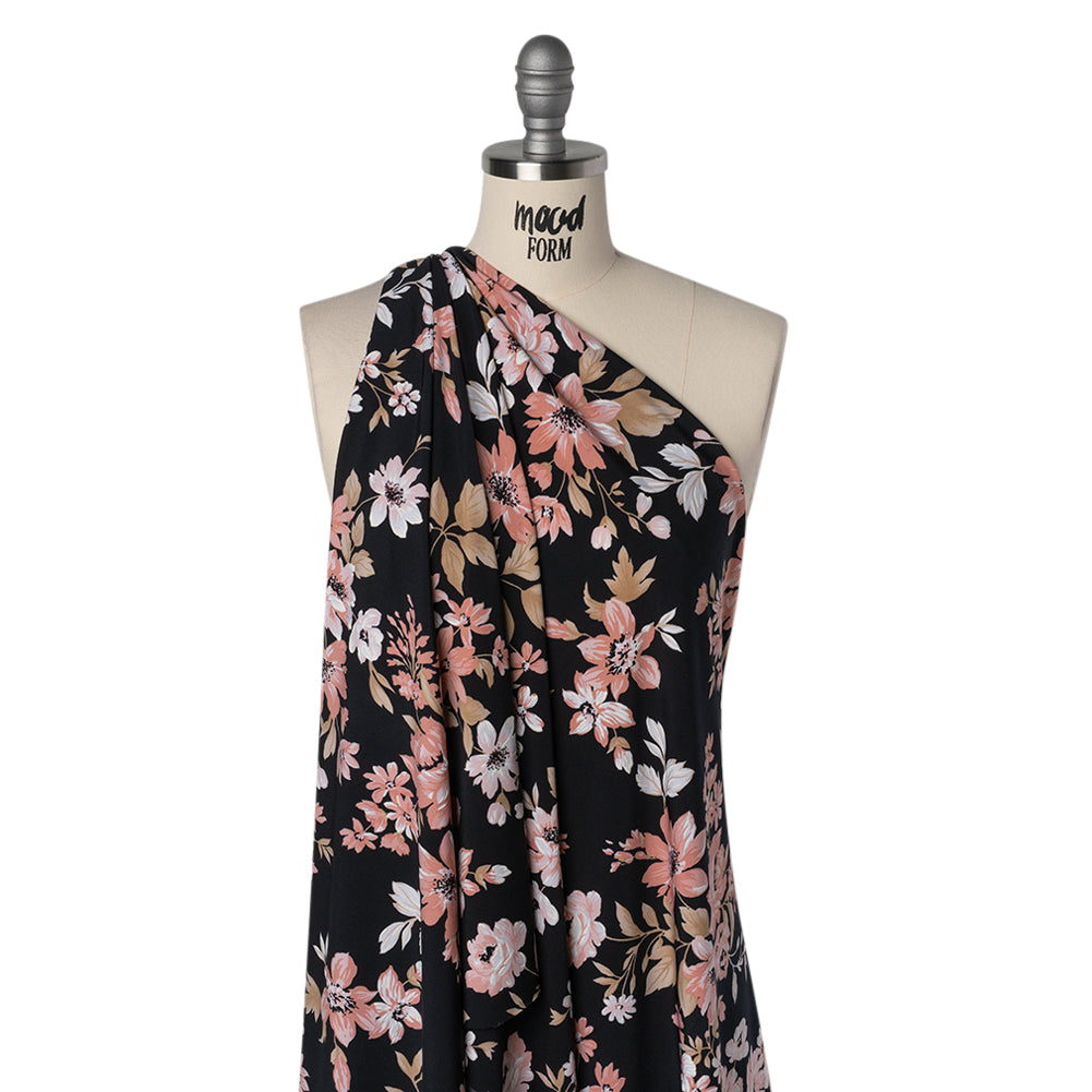 Stretch Polyester Jersey with Puff Print - Black, Pink and Beige Floral - Designer Deadstock - Joann Fabrics