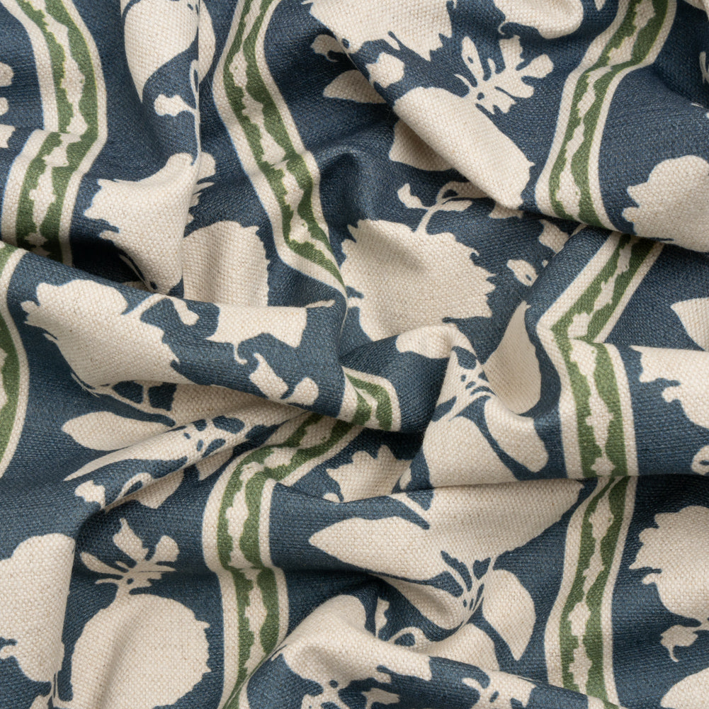 Brushed Cotton and Linen Canvas - Indigo Floral Silhouette Stripes - British Imported - Joann Fabrics
