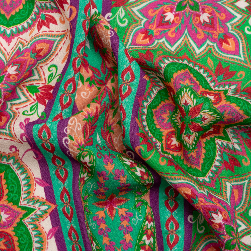 Viscose Crepe Print - Green and Pink Floral Medallion Stripes - Mood Exclusive Happy Hayday - Joann Fabrics