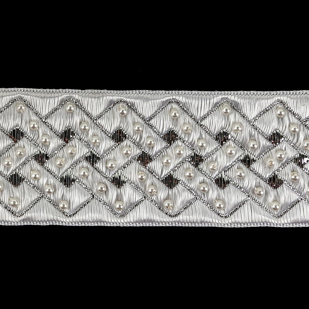 Vintage Ivory and Silver Lurex and Rayon Blend Beaded Ribbon - 1.5