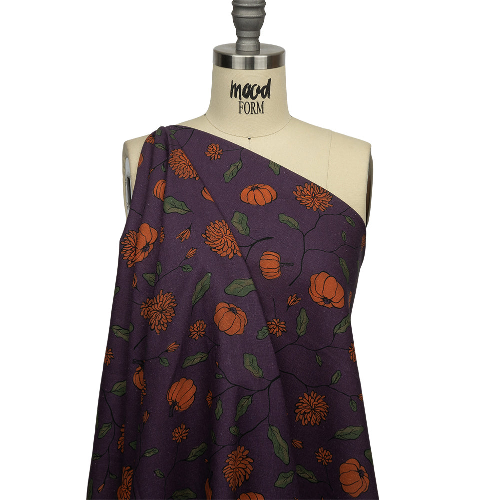 Linen and Rayon Woven - Purple and Orange Pumpkins and Flowers - Chrysanthemum Crisp Print - Mood Exclusive Jack-O-Lantern Collection - Joann Fabrics