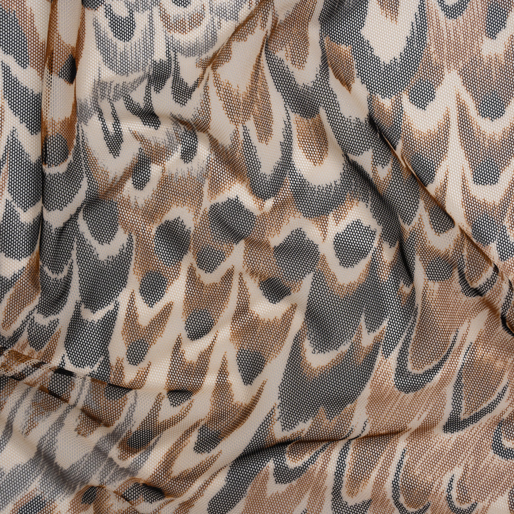 Polyester Stretch Mesh - Brown, Black and Cream Turkey Feathers - Designer Deadstock - Joann Fabrics