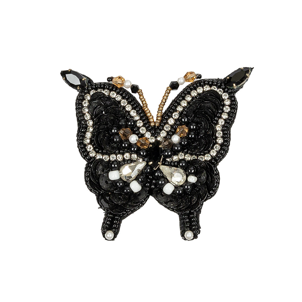 Black and Gold Butterfly Rhinestone and Glass Beaded Applique - 2.5