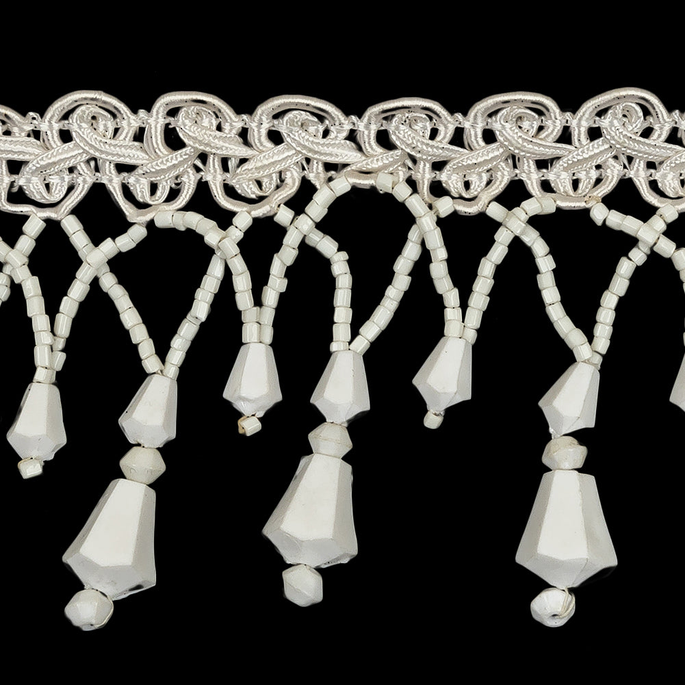 Vintage Chalk White Fancy Beaded Fringe on White Gimp Braid - 2.25